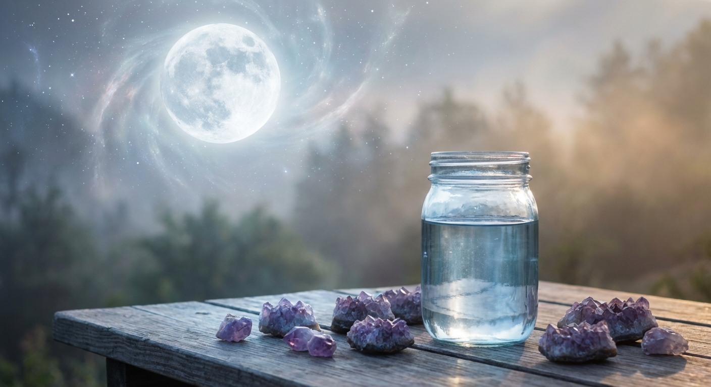 Image spirituelle pour Capturer l'Éclat d'Argent : L'Art de Créer votre Eau de Lune
