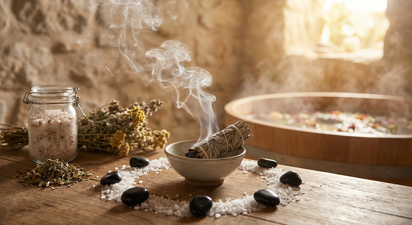 Image spirituelle pour Aura Eclatante : Bain Purificateur à l'Eau Salée et Plantes Sacrées